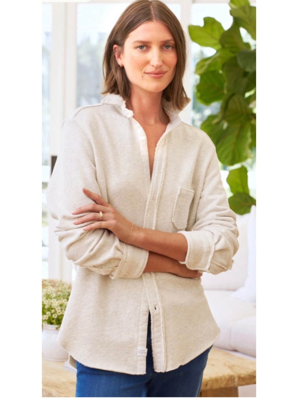 Frank & Eileen Button Triple Fleece Eileen Down Shirt Size S Heather White New!